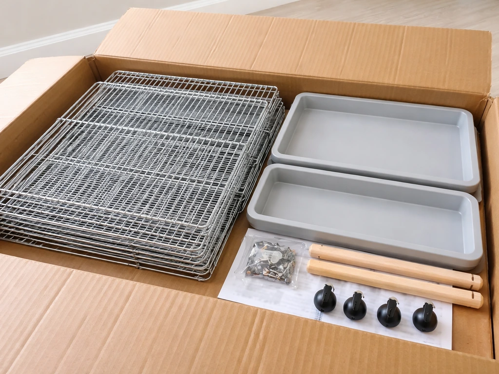 Unpacked A&E bird cage parts and accessories laid out on a clean floor with an instruction sheet visible.
