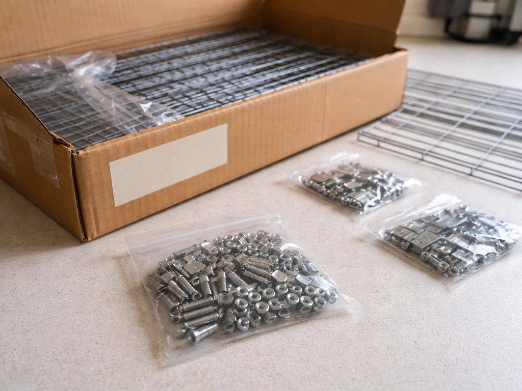 Close-up of an A&E-style wire cage box label and matching hardware bags on a clean workbench