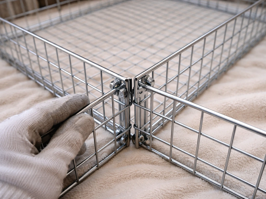 Cage panels laid on a soft blanket with bolts loosened and aligned for inserting screws.
