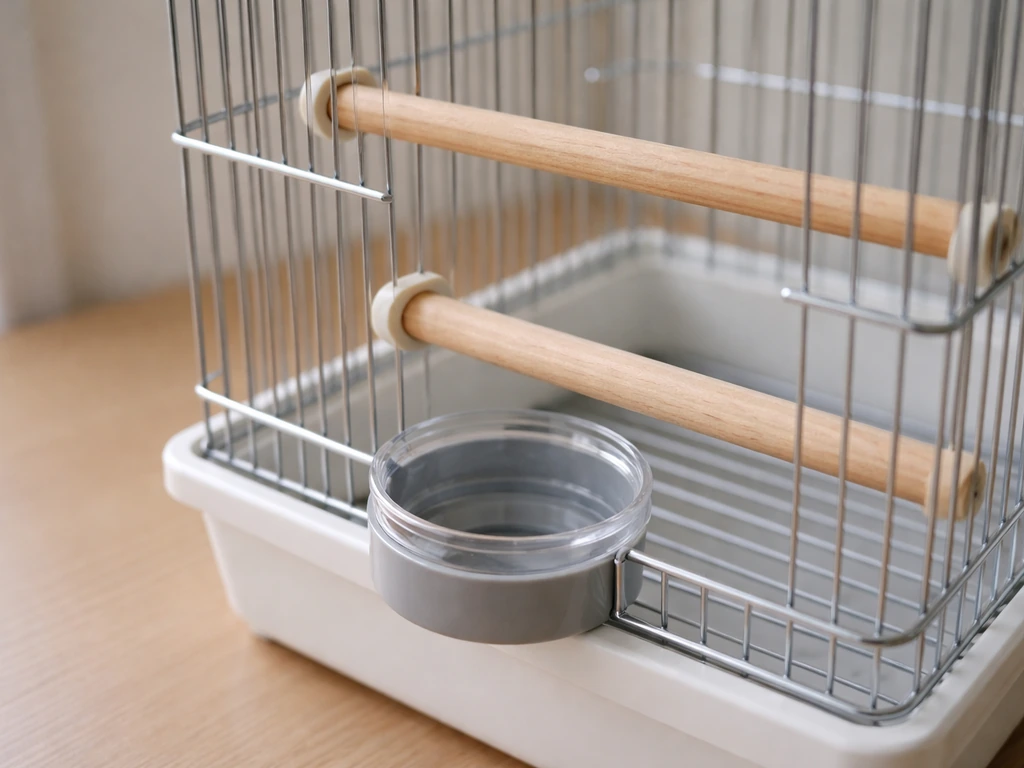 Close-up of wooden perches inserted through a bird cage side holes and a feeder cup in its holder ring.