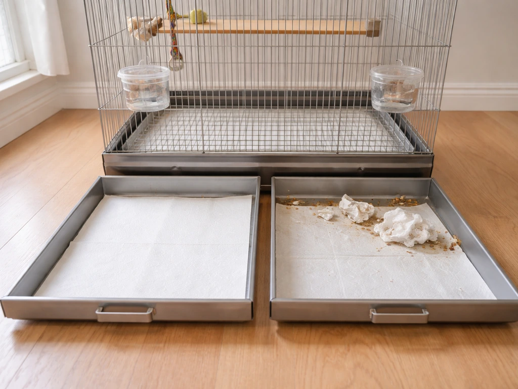 Dual-tray bird cage pulled out for cleaning, liners replaced with plain paper towel sheets.