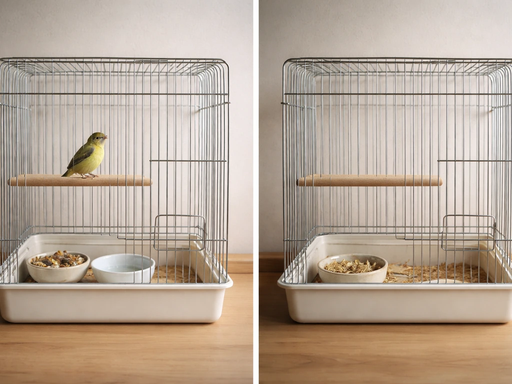 Close-up of two simple bird-cage setups: one with fresh food and water, the other with empty bowls and closed access.