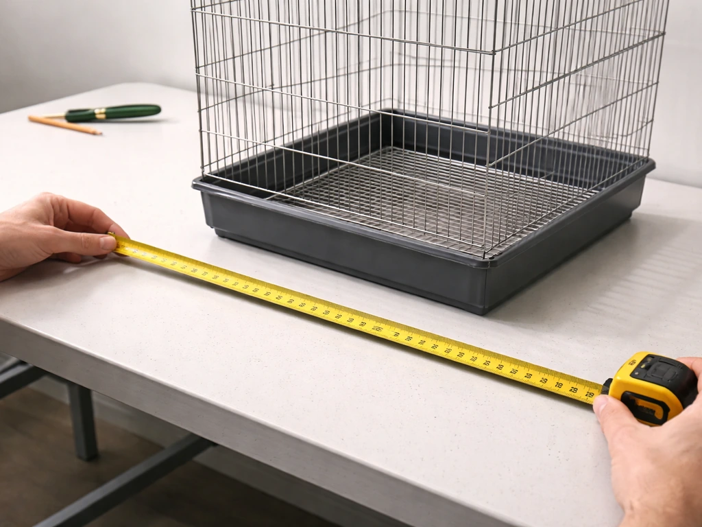 Hands measuring a small parrot cage footprint with a tape measure on a clean workbench