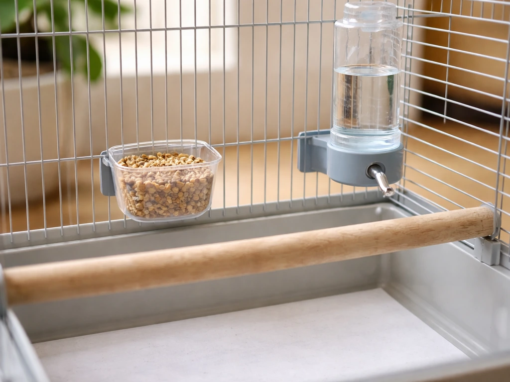 Small pet bird cage showing a food cup and waterer mounted at reachable perch height