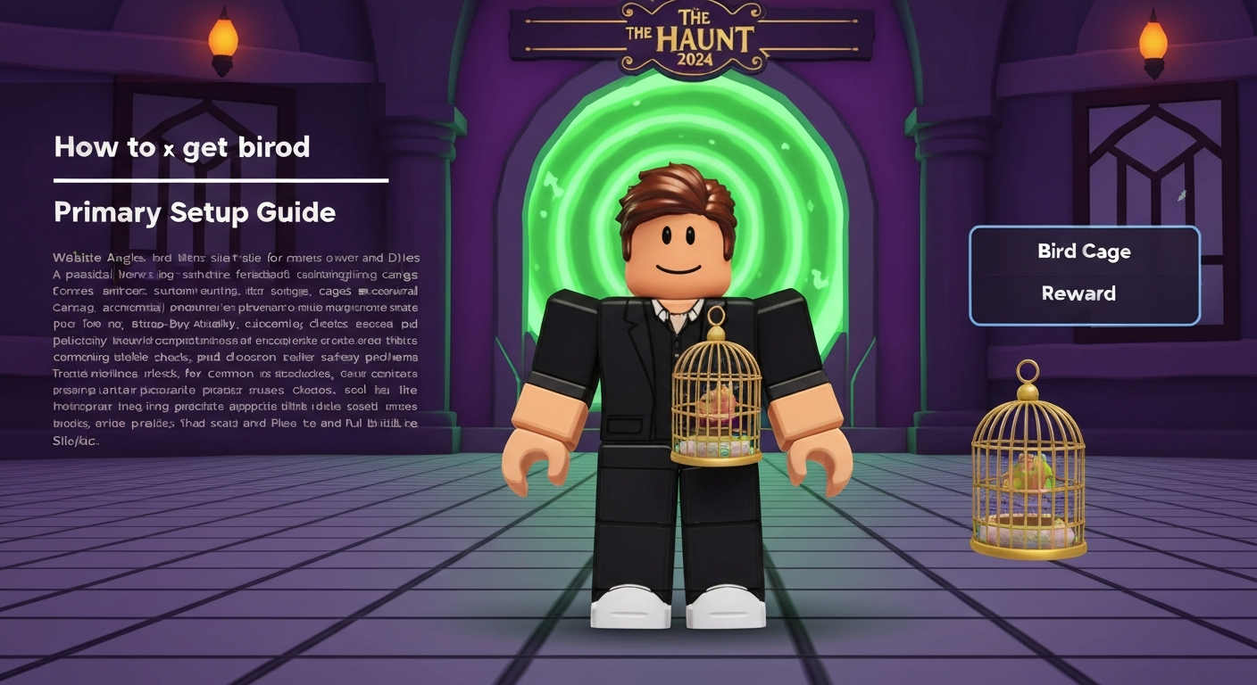 Roblox avatar in a Halloween lobby wearing the Bird Cage accessory, green portal and reward popup visible.