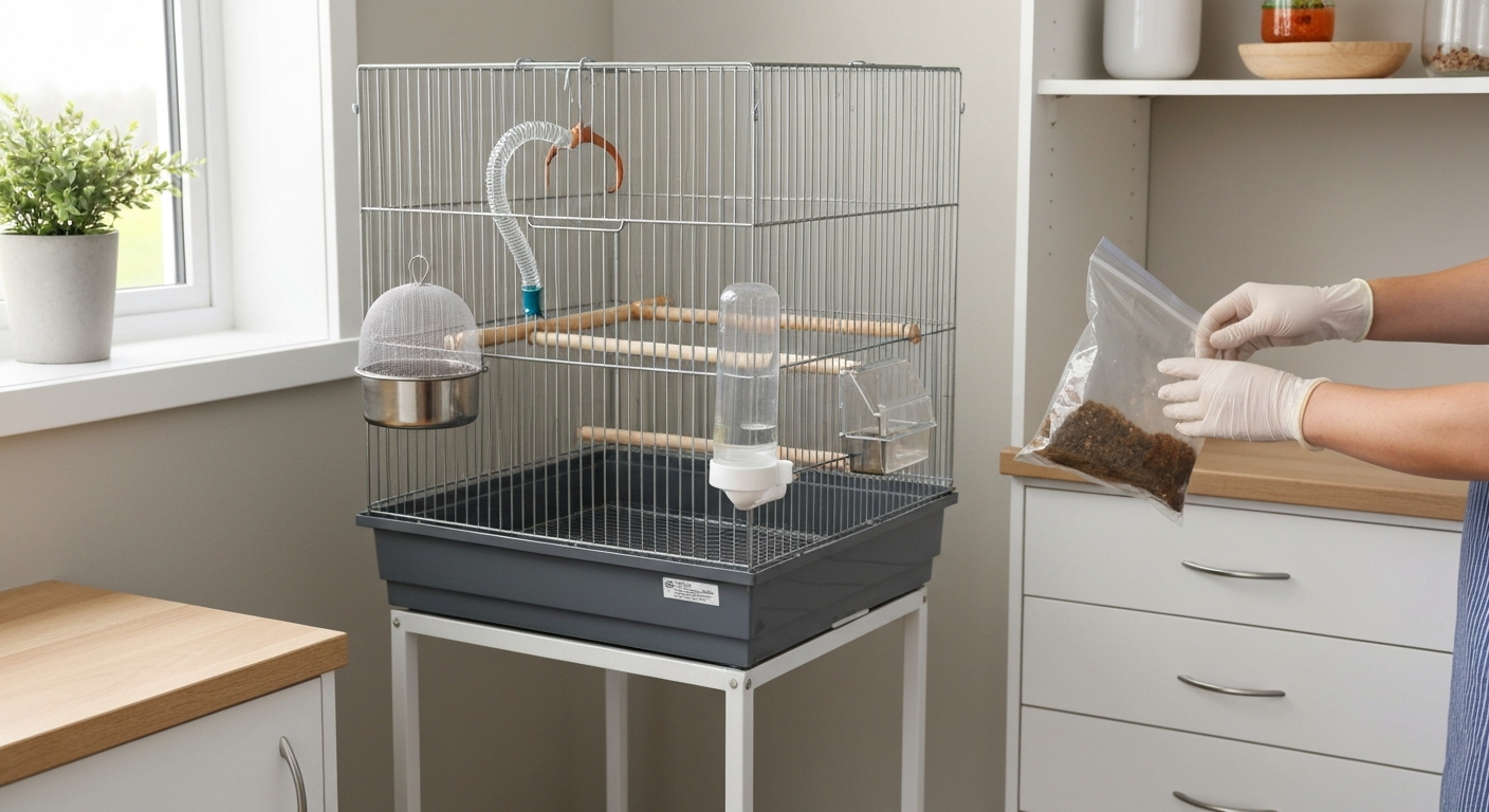 Clean indoor bird cage with mesh-covered food dish, tube water bottle, ACV jar trap on a nearby shelf, and gloved hands removing soiled liner.