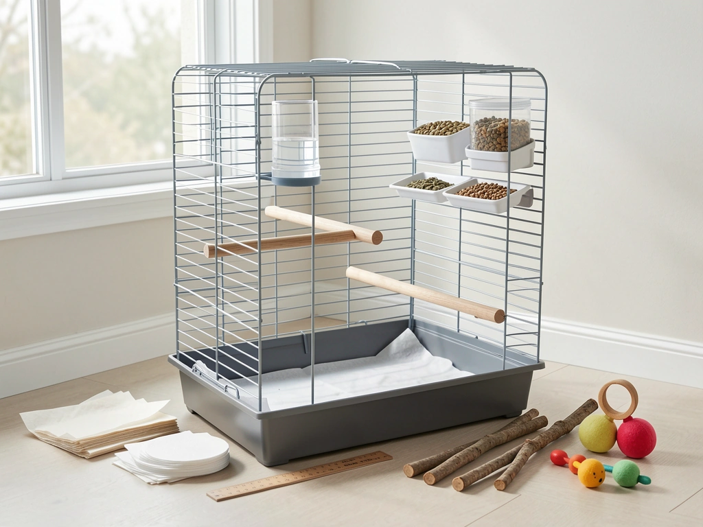 Budgie cage interior with varied perches, wall-mounted feeders, and paper liner near a window.