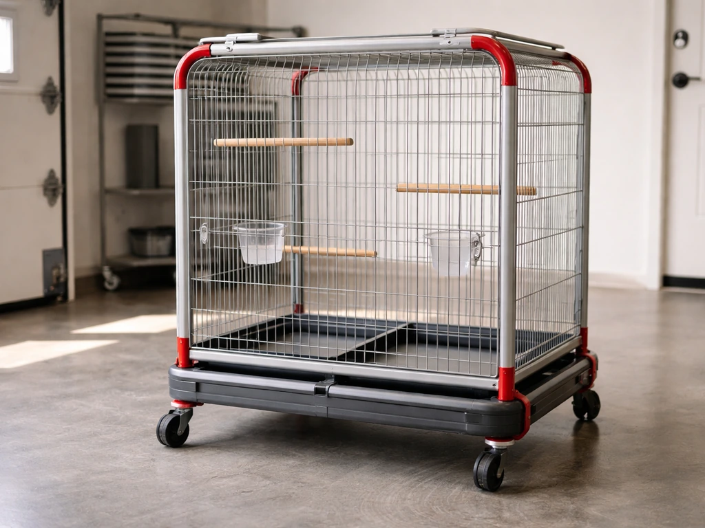 Mobile sprint-car-inspired bird cage on a wheeled base with perches, trays, and fresh setup details