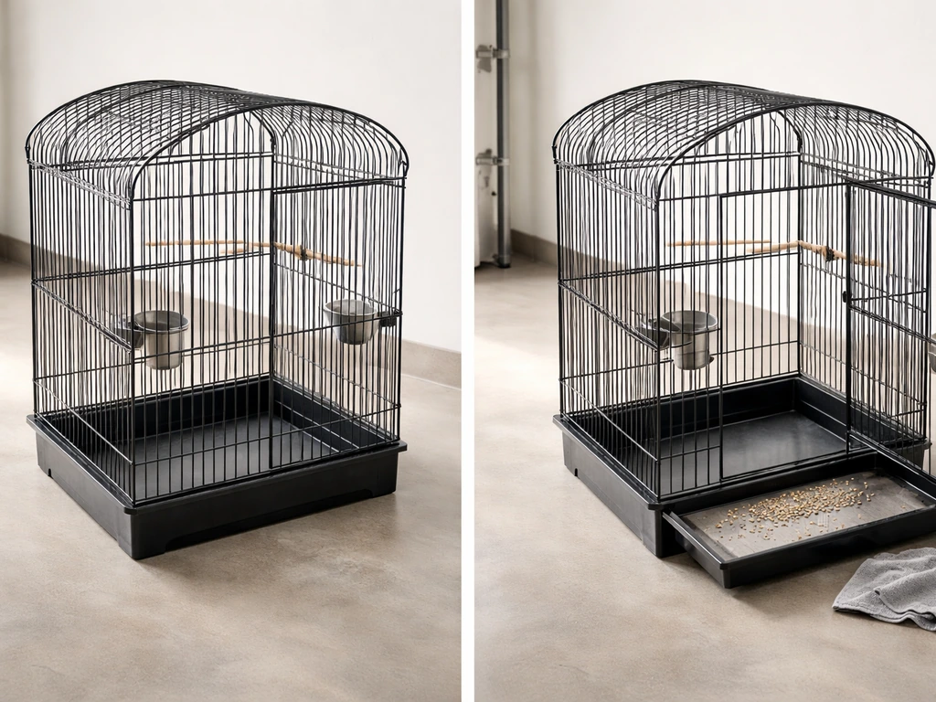 Close view of a compact bird cage with quick-access trays and an open side door for easy health checks.