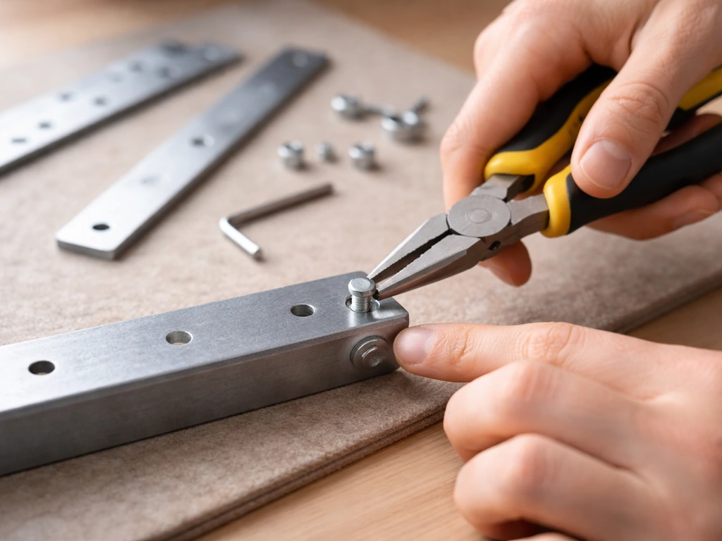 Anonymous hands using needle-nose pliers to tighten hardware and inspect a metal edge for sharp ends.