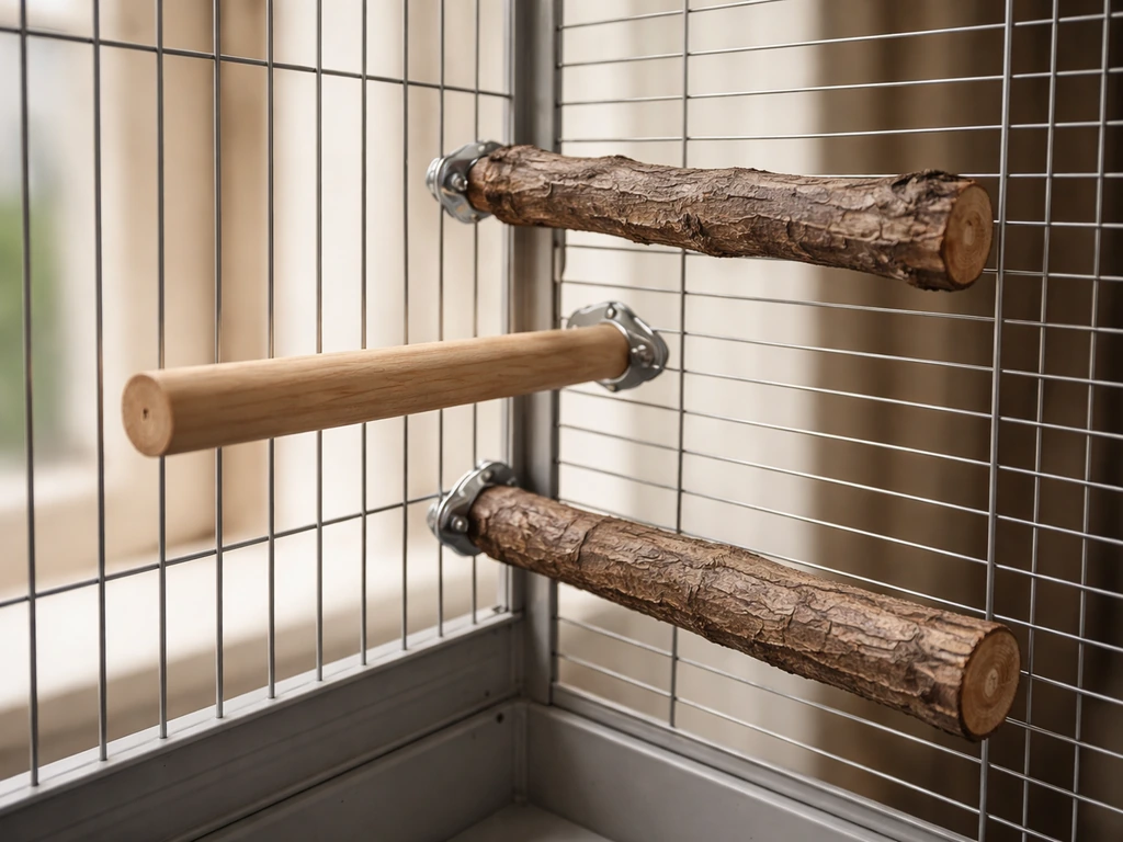 Close-up of three different bird perches in a cage corner showing varied diameters and textures