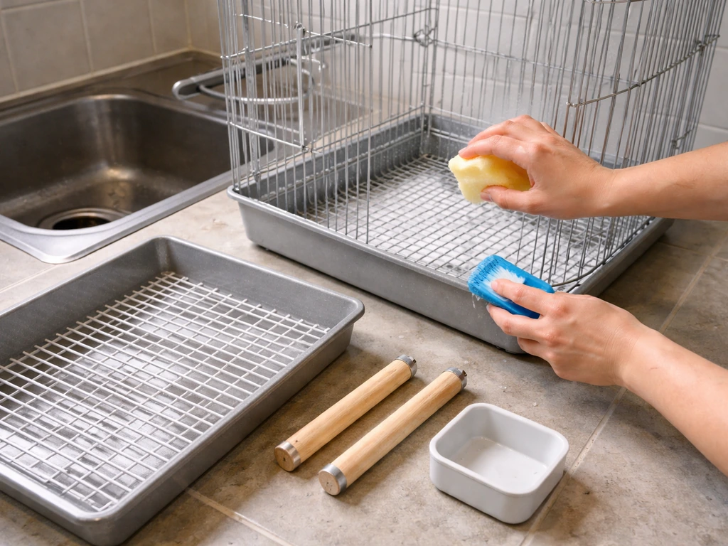 Hands scrub the open cage interior while the tray and removable parts sit nearby.