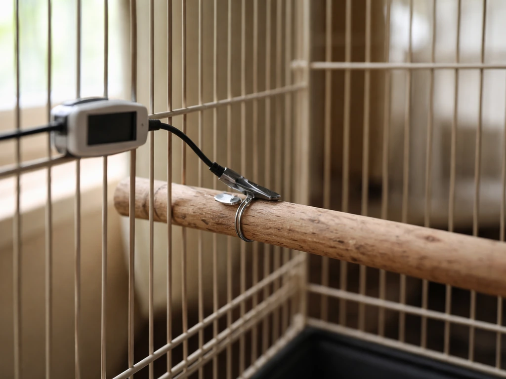Thermometer probe clipped inside a bird cage at perch height to check actual temperature.
