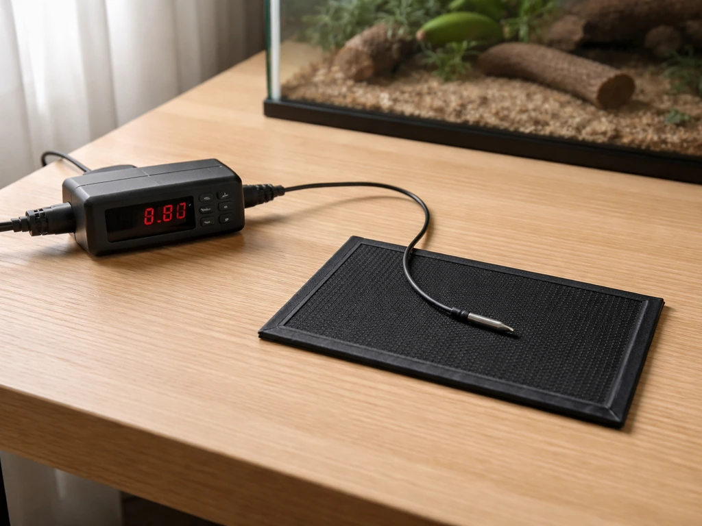 Thermostat controller with temperature probe positioned near a heating element on a tabletop.