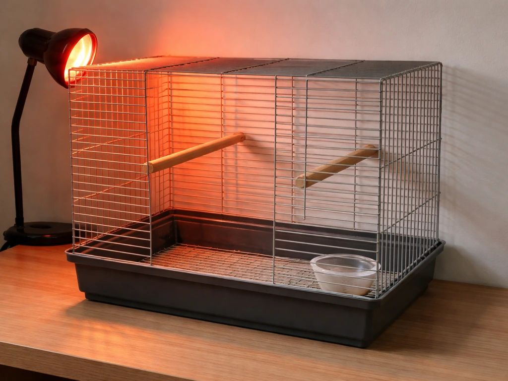 Close-up of an unoccupied bird cage setup with a heater placed too close, suggesting uneven warmth