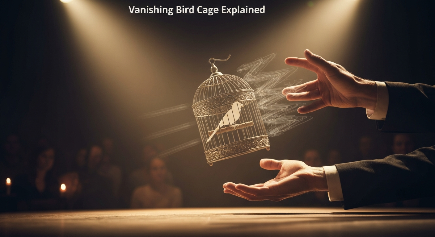 Illustration of a magician's hands on a stage as a small ornate birdcage appears to vanish, with motion blur trails and an artificial prop bird on the perch.