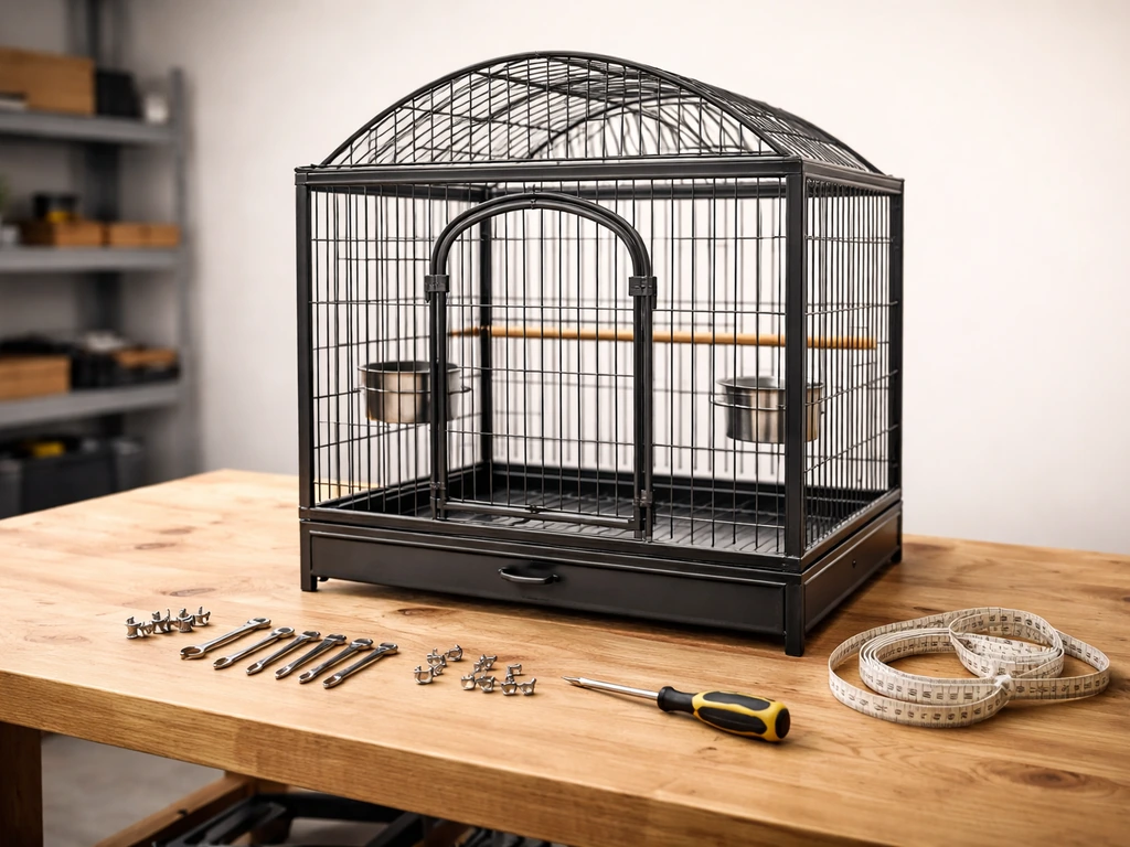 Assembled wrought-iron bird cage on a workbench with tools and hardware laid out for setup steps.