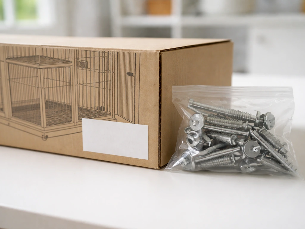 Close-up of a bird cage box end panel and a small parts hardware bag beside it