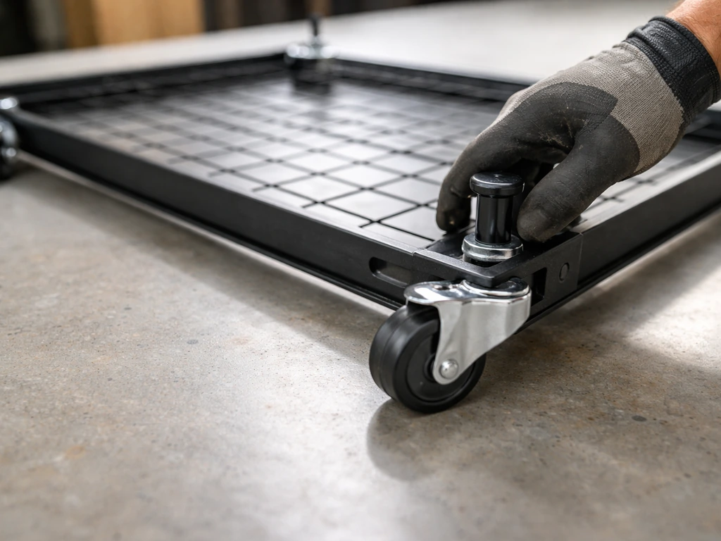 Close-up of a pet cage base frame with casters being aligned and clicked into the corner mounts.