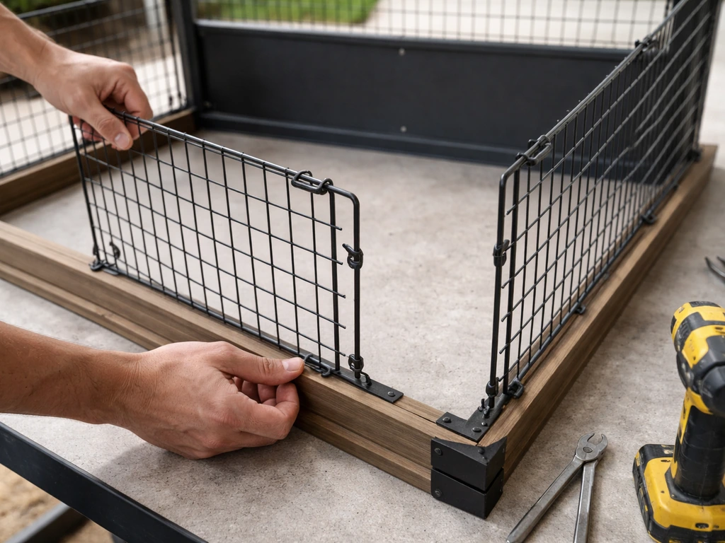 Close-up of hands aligning bar panels with corner tabs on a partially assembled enclosure base.