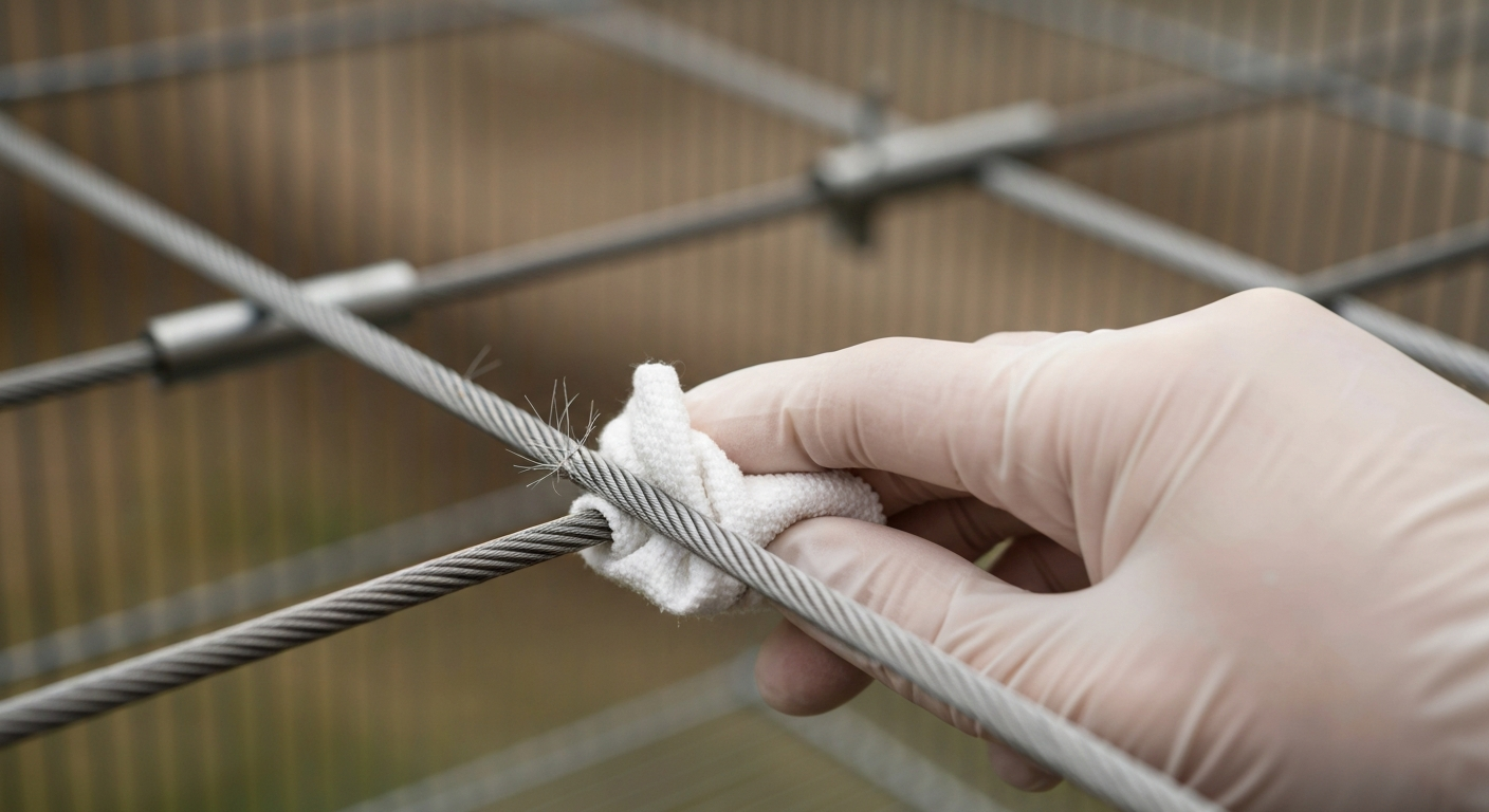 Close-up of a person in a nitrile glove wiping a stainless wire rope in a bird cage near a swaged fitting.