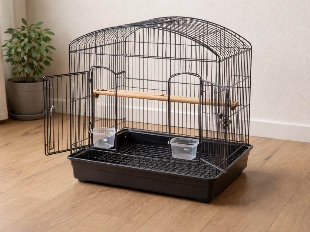 Assembled bird cage on a clean floor, with doors and base tray area visible in soft natural light.