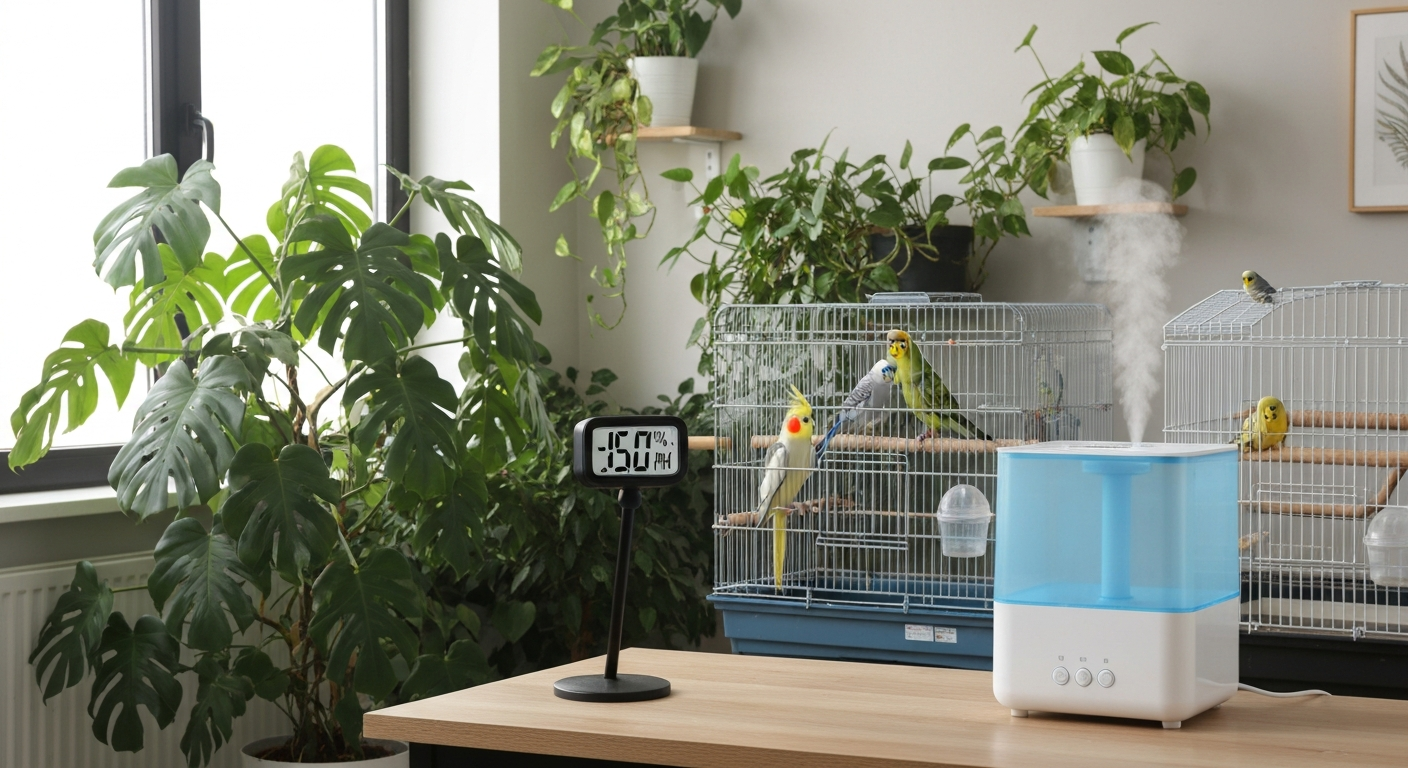 Photorealistic bird room with an evaporative humidifier running, a digital hygrometer reading about 50% RH at cage height, two cages with pet birds and houseplants, indicating a properly humidified space.