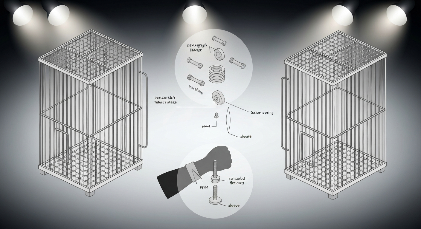 Cutaway technical illustration showing an open Blackstone-style vanishing bird cage, its internal scissor linkages and springs, and the same cage collapsed flat into a sleeve behind a forearm silhouette.