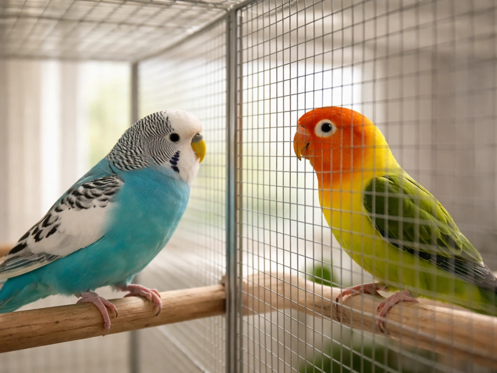 Two small birds inside a cage separated by a simple divider that blocks gaps yet leaves airflow