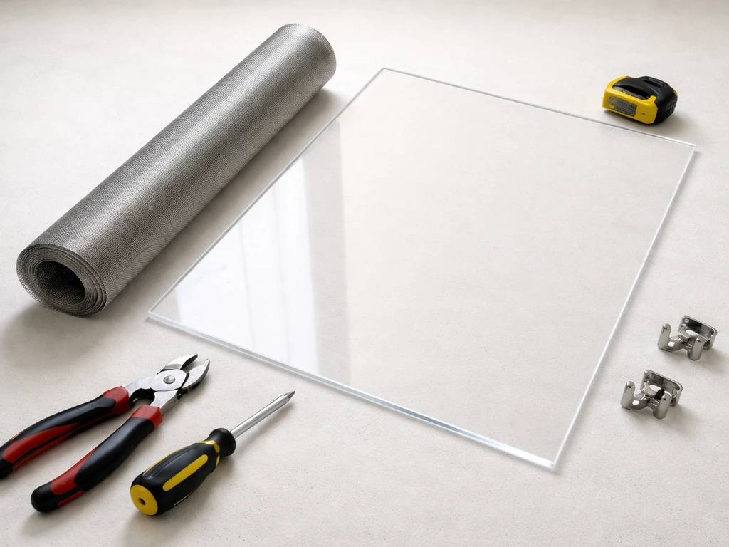 Top-down tabletop of 304 stainless mesh and a clear acrylic sheet with wire-cutting tools nearby.