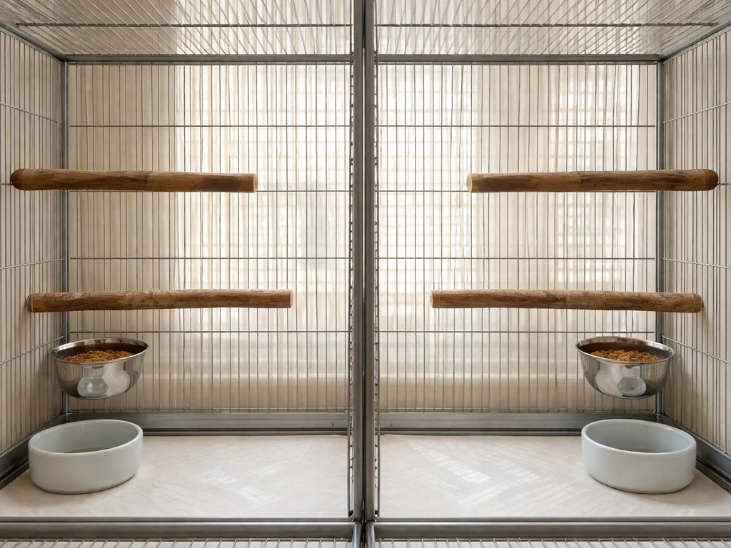 Symmetrical bird cage setup: separate perches, feeders, and water bowls on both sides of a divider.