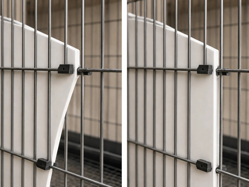 Close-up of a divided bird cage divider showing a corrected, tight gap-free edge beside a loose sagging example.