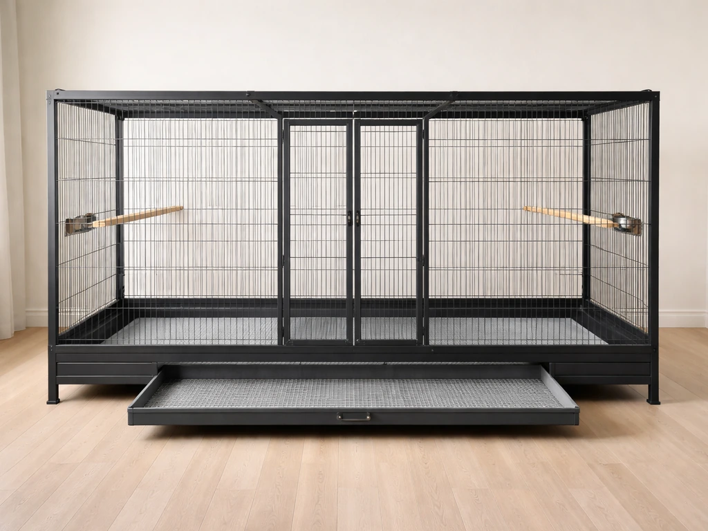 Completed DIY bird flight cage with long flight run, perches, removable tray, and double-door entry concept.