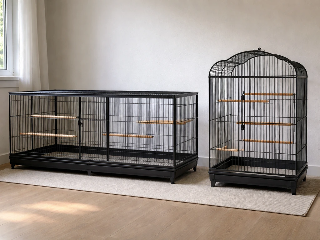 Two empty cages side-by-side: a long flight cage with spaced perches and a taller standard cage.
