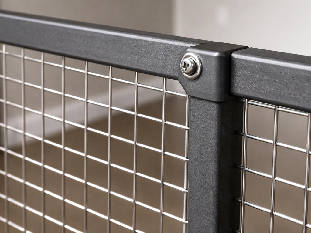 Close-up of stainless steel welded wire mesh on an indoor flight cage frame with secure panel attachment