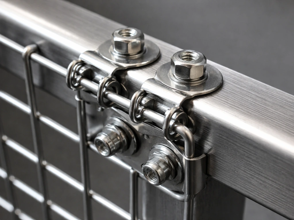Close-up of stainless nuts, bolts, washers, and clips fastening a wire panel to a metal frame.