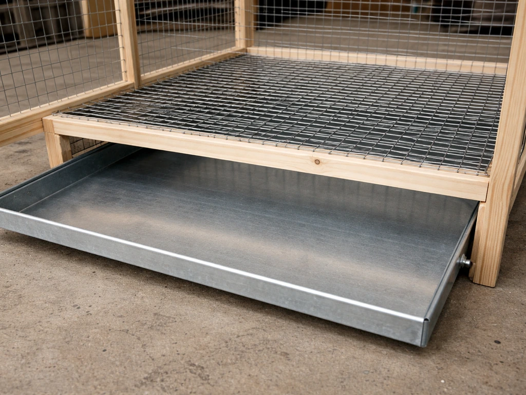 Close-up of a wire grid floor over a removable tray beneath it, showing cleaning access.