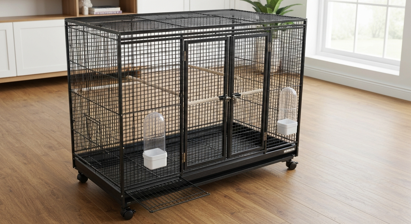 Three-quarter view of a fully assembled 52" black flight bird cage on casters, showing doors, slide-out tray, perches, and feeder cups in a bright living room.