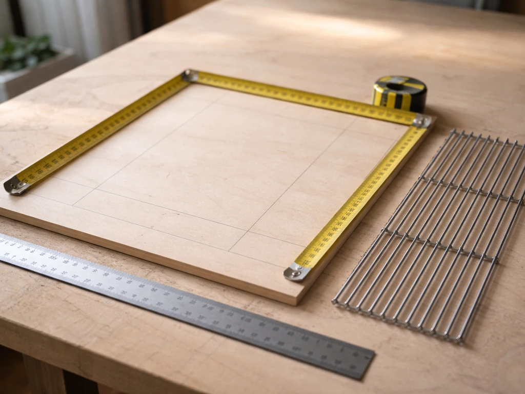 DIY workbench setup showing cage sizing measurements with a tape measure and spaced metal wire bars.