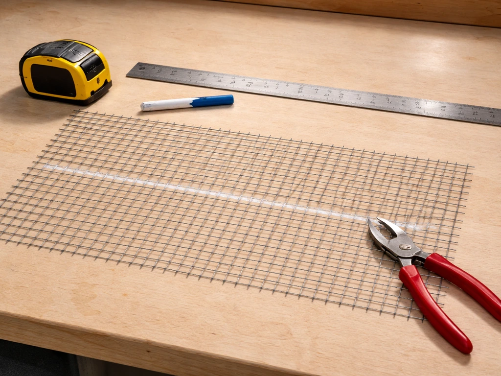Wire mesh laid on a workbench with tape measure, steel ruler, and marking chalk for accurate cut lines.