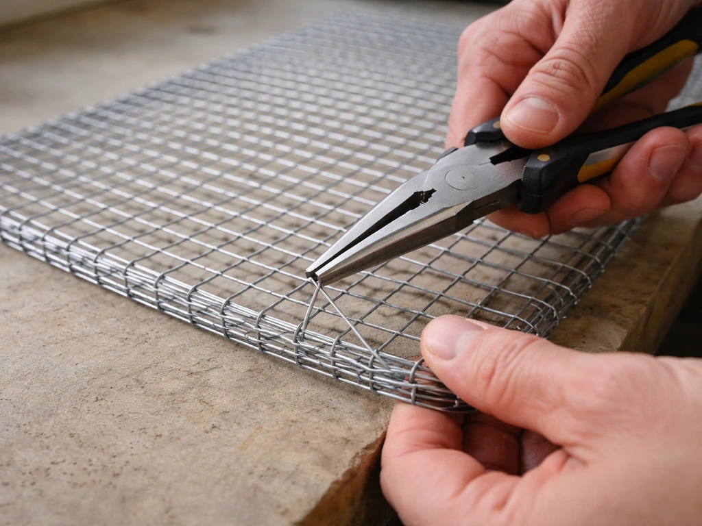 Hands using pliers to fold a wire mesh panel edge into a double-wire border.
