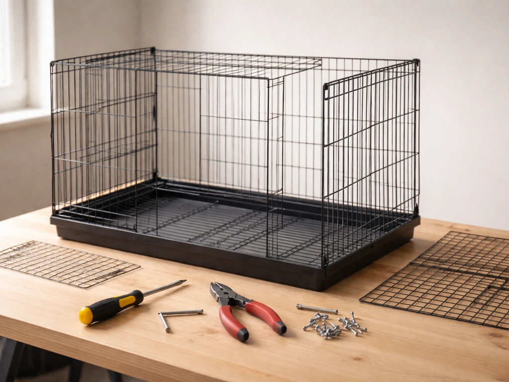 Close-up of an MCage bird cage being assembled on a clean worktable with tools and partially built structure