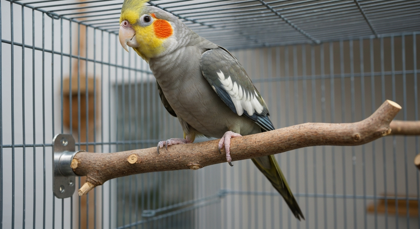 Medium parrot perched on a natural manzanita branch inside a cage, showing varied perch diameters and stainless-steel mounting.