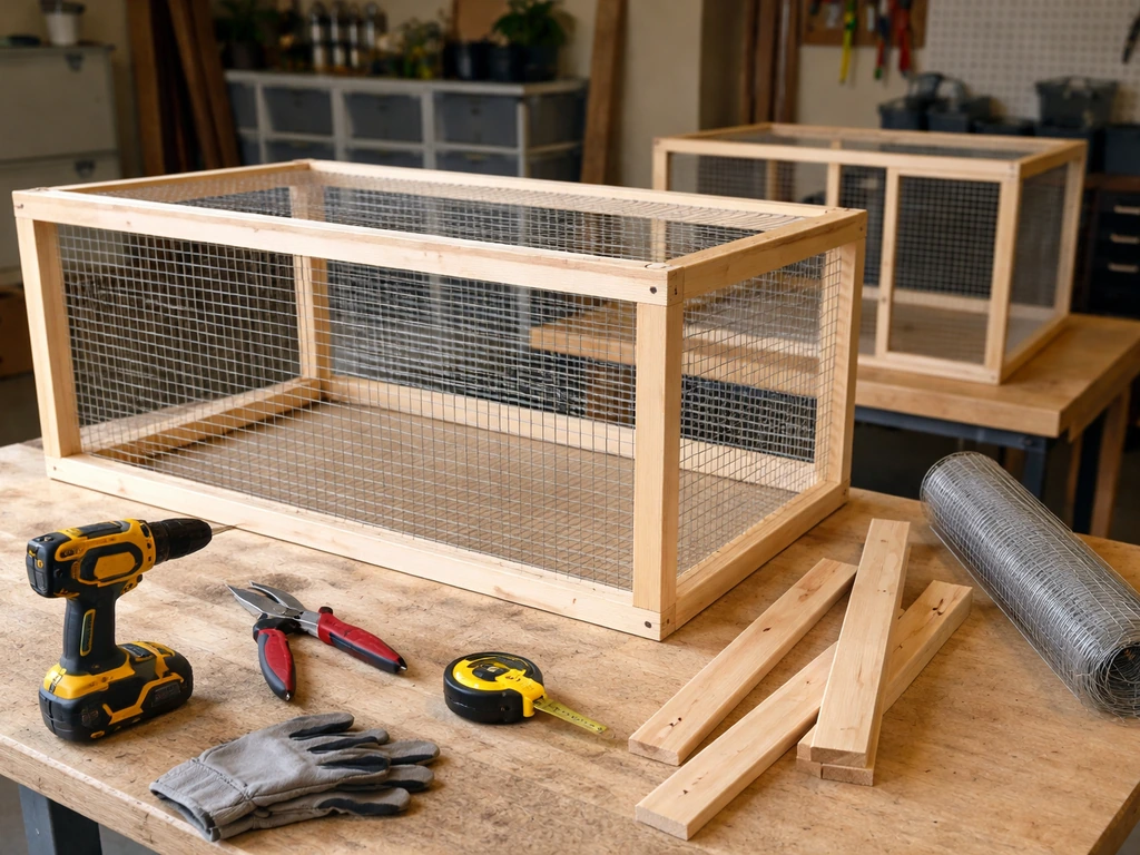 DIY workshop bench with wood frame and welded wire mesh building a bird breeding cage in progress.