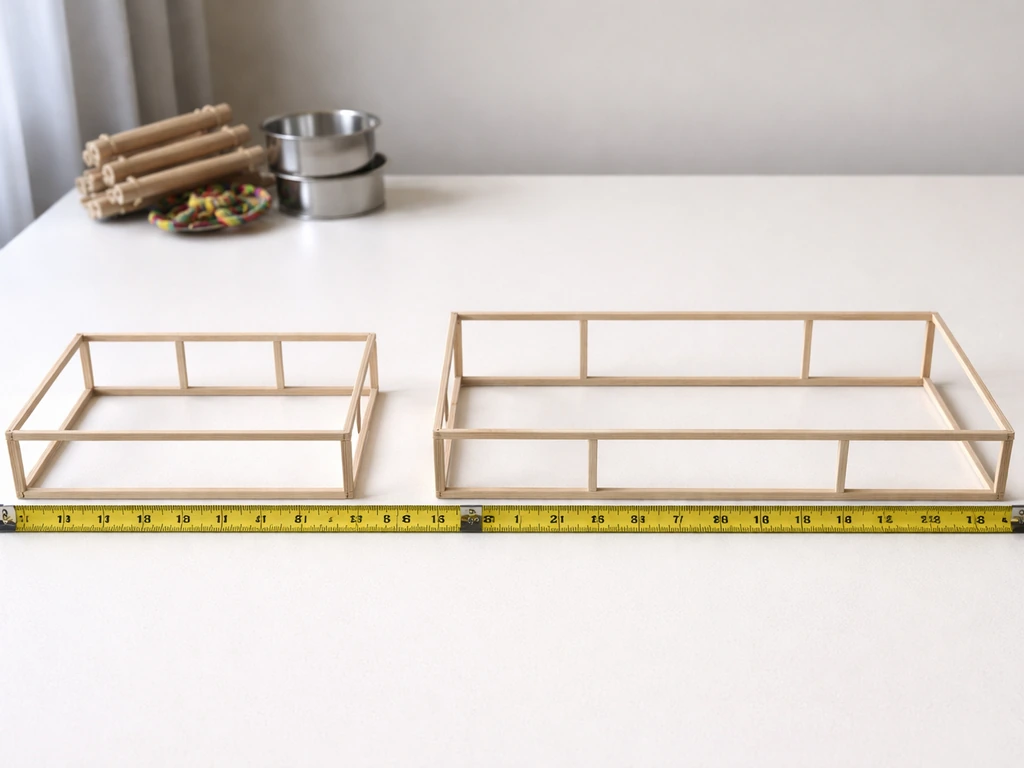 Minimal tabletop photo showing tape measure over two adjacent cage size mock frames for single vs breeding pair.