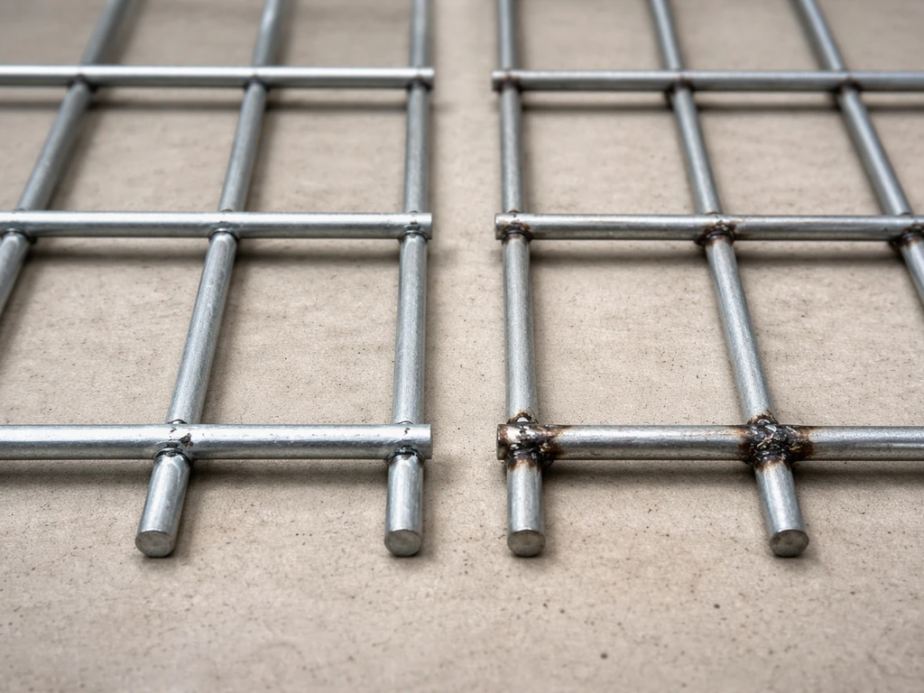 Close-up comparison of welded wire mesh finishes showing GAW mesh versus an uneven galvanized-before-welding look.