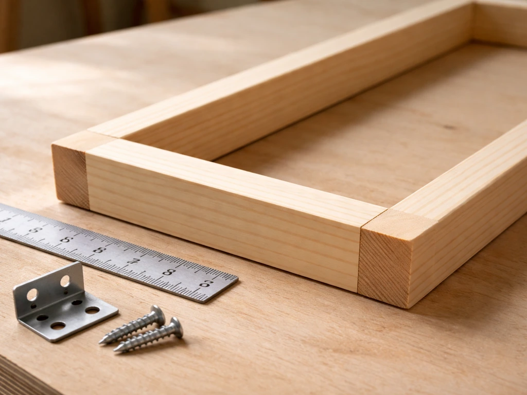 Close-up of a wood frame build with visible 1x2 lumber, cut ends, and a measuring ruler