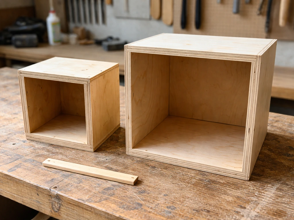 Side-by-side untreated plywood bird nest boxes on a workbench, showing different sizes and wood thickness.