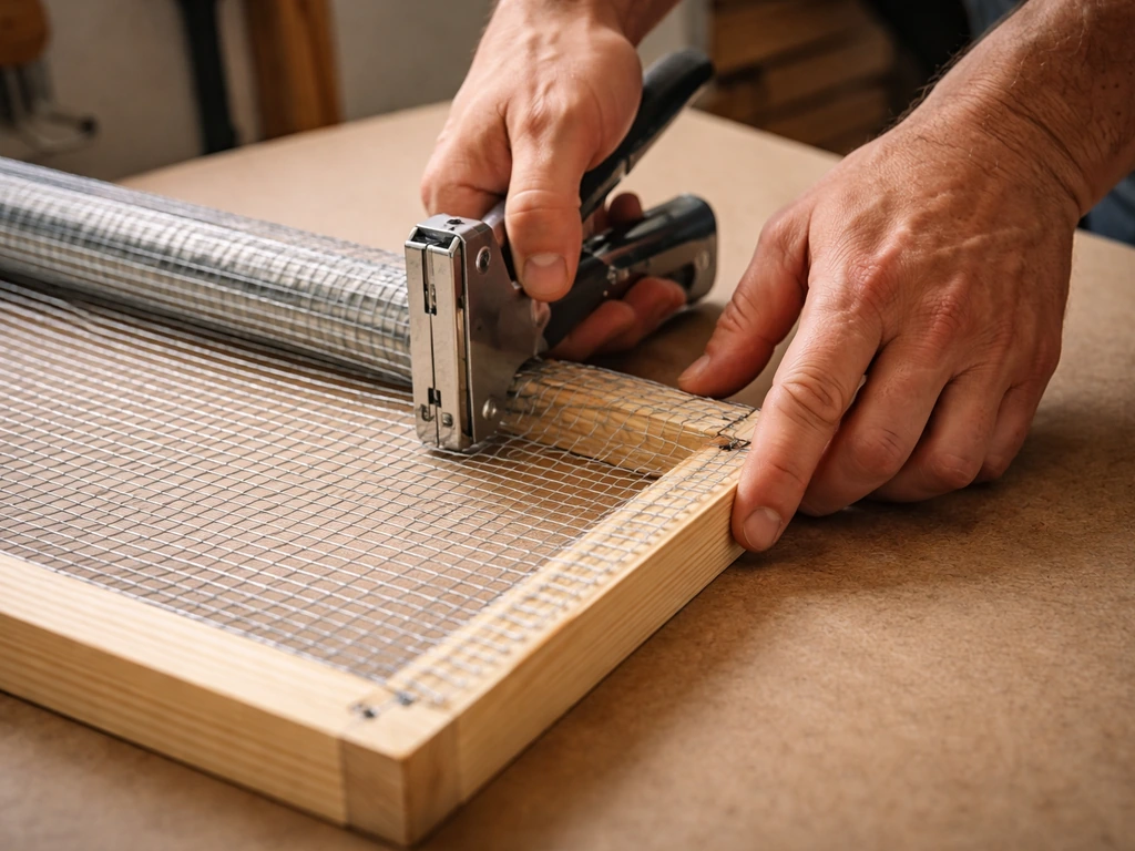 Close-up hands attaching wire mesh to a rectangular wooden frame, mesh pulled taut and stapled at corners.
