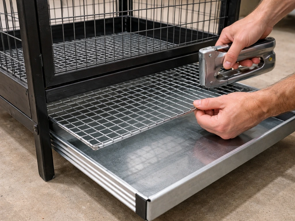 Hand installing a wire mesh floor grate and aligning a slide-out drop tray under an animal cage frame